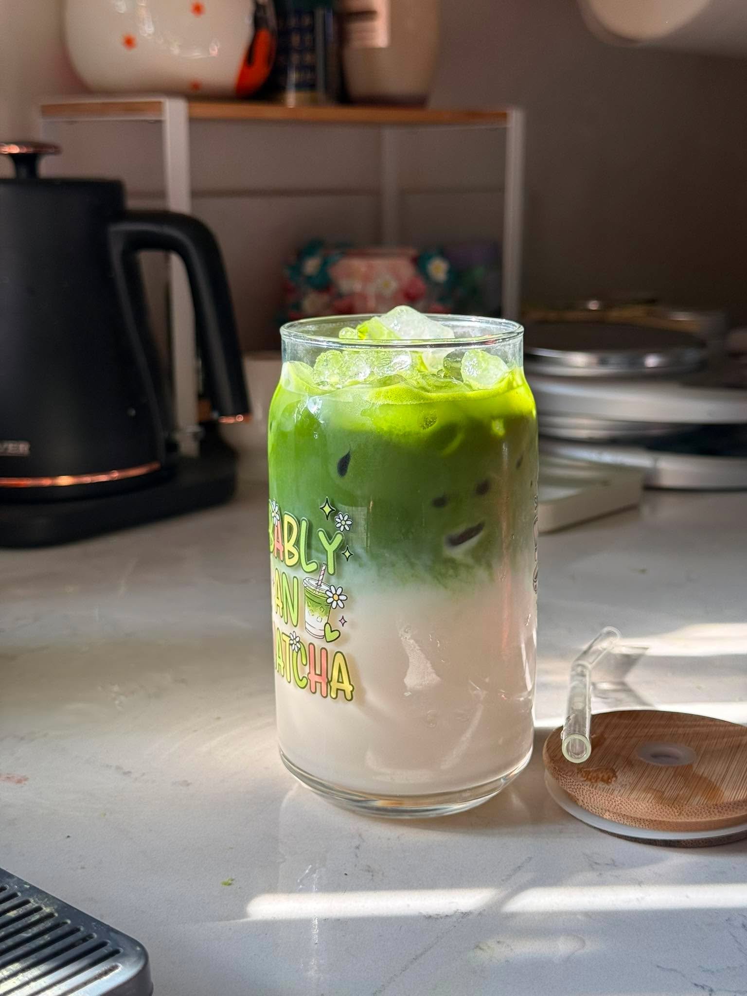 A vibrant iced Uji matcha latte made with Fu Matcha Uji Latte powder